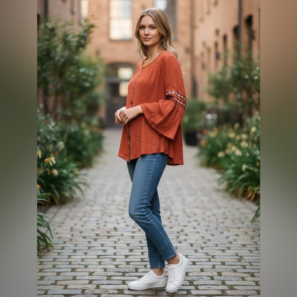 Passport Rust Orange Peasant Blouse